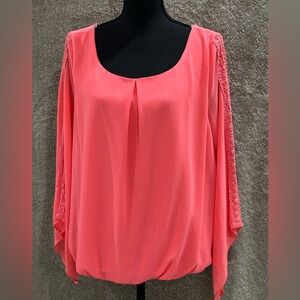 HeartSoul Vibrant Coral Blouse with Lace Sleeves